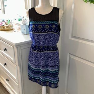 Charlotte Russe Suze M royal blue, black & white sheer over black blouson dress